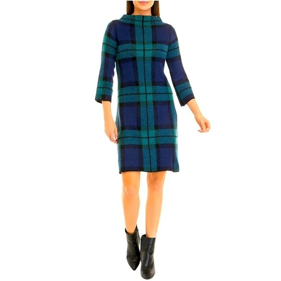 Studio One Macy’s Sweater Dress Blue Green Plaid 3/4 Sleeves Size S - Picture 1 of 6